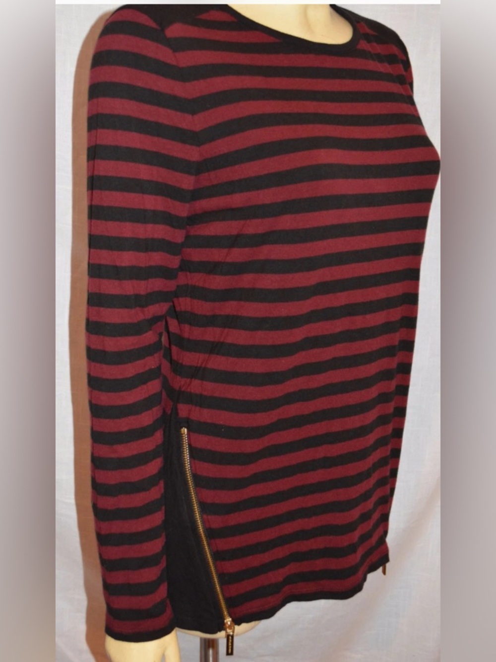 Michael Kors Long Sleeve Stripe Gold Side-Zipper Detail Shirt Blouse